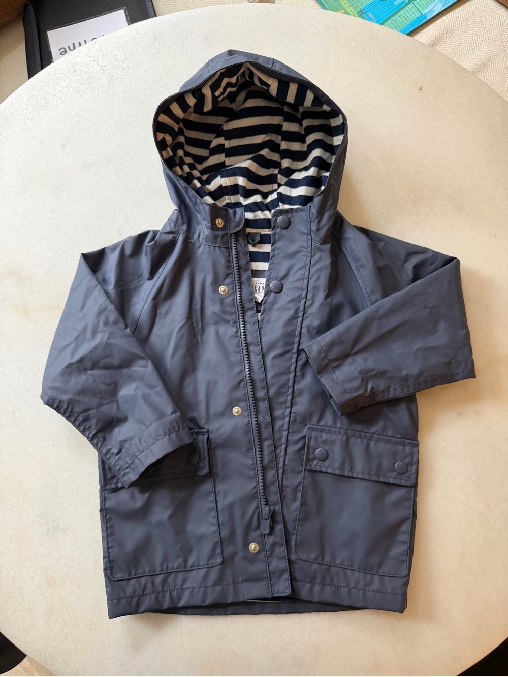 GAP Kids Navy Hooded Raincoat with Striped Lining